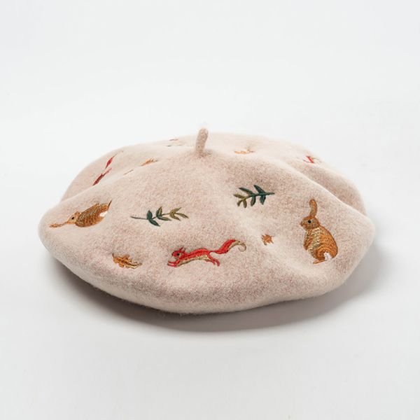 Béret pour femme, chapeau d'hiver, nouveau lapin Mori, feuilles d'écureuil, casquettes en laine de cachemire brodées, chapeau d'artiste français chaud à la mode