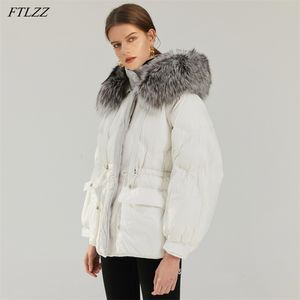 Winter Vrouw Grote Natuurlijke Bont Hooded Jacket 90% Witte Eendendons Jas Warme Puffer Feather Snow Uitloper Verstelbare Taille 210430
