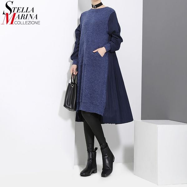 Hiver femme à manches longues bleu noir patchwork pull robe poche laine dames lâche décontracté robe midi style vestido 3030 201028