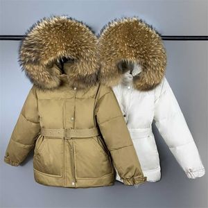 Hiver Femmes 90% Blanc Canard Vers Le Bas Manteau Grand Col De Fourrure Naturelle À Capuche Veste Épaisseur Chaud Kaki Parkas Avec Ceinture 211011