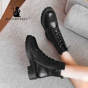 Hiver femmes bottines en cuir noir mode automne chaud fourrure moto antidérapant imperméable femme plate-forme bottes chaussures 211009