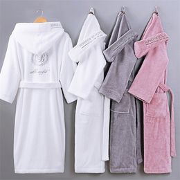 Hiver femmes peignoir à capuche hommes automne épais chaud serviette polaire vêtements de nuit longue Robe hôtel Spa doux longue chemise de nuit Kimono robe 210203