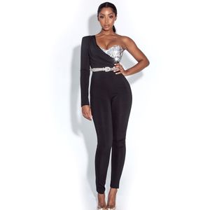 Winter Dames Zwart Pailletten Maxi Jumpsuits Sexy One Shoulder Lange Mouw Volledige Broek Club Bodysuit Rompertjes Jumpsuit 210423