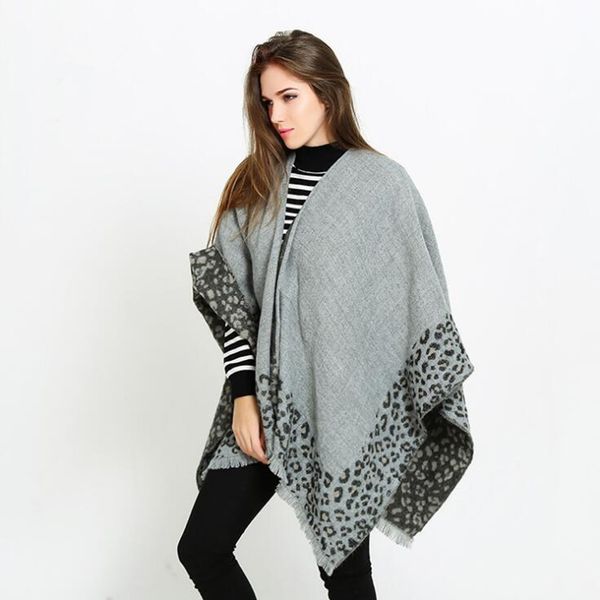 Invierno mujer Cachemira chal Ponchos nuevo estampado de leopardo chal bifurcado grueso cálido suave bufanda femenina 2579