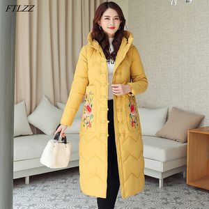 Manteau d'hiver en coton pour femmes, broderie de fleurs, veste longue à simple boutonnage, col montant épais, vêtements d'extérieur chauds 210423