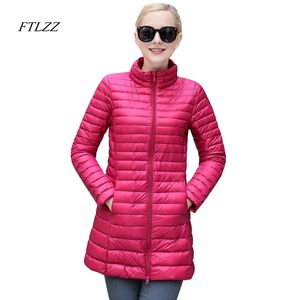 Hiver femmes doudoune mode mince moyen Long col montant Ultra léger canard dames Parka 210430