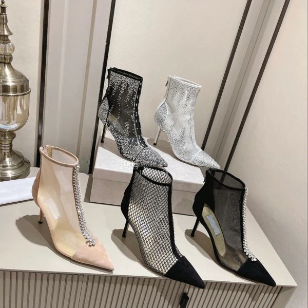 Mujeres de invierno Botines de excelente calidad Tacones altos Marcas de lujo Bing Pink Black Suede Mesh Botines Botines Adorno de cristal Señora Punta estrecha zapatos de boda