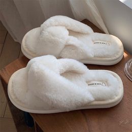 Winter Winter Women Fashion Fluffy Cross Fur Flat Floor Shoes Home Indoor Warm Slippers 230922