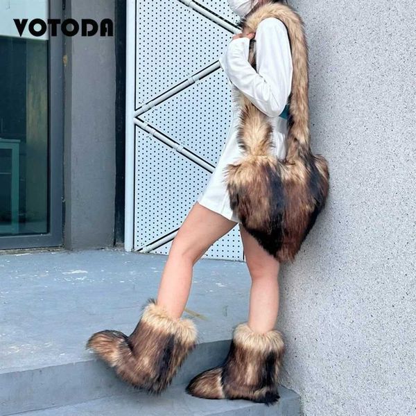 Conjunto de botas y bolso de piel sintética para mujer, botas de nieve cálidas y peludas, bolso de mano de piel en forma de corazón, bolso de amor, botas de felpa con plataforma para niña