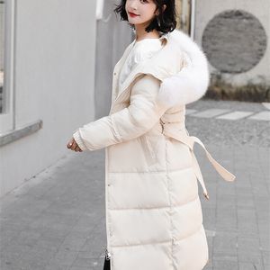 Hiver Femmes Fausse Fourrure À Capuchon Long Coton Manteau Casual Lâche Épais Chaud Parka Coupe-Vent Veste De Neige Avec Ceinture Outwear 210430