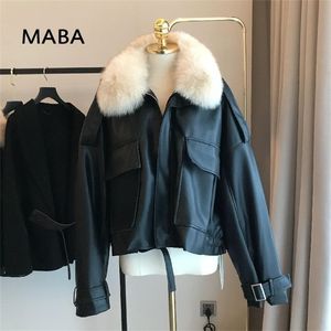 Hiver Femmes Col De Fourrure Hiver Manteau En Peau De Mouton Naturel Noir Kaki Chaud Coréen Polaire Faux Veste En Cuir Surdimensionné 211130