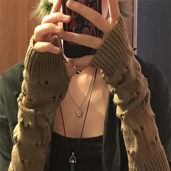 Gants d'hiver gants fille élégant bras manuel crochet tricot coeur creux mitten gants sans doigts chauds gc1566