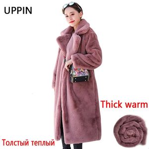 Hiver femmes haute qualité Faux lapin manteau de fourrure de luxe longue fourrure manteau lâche revers pardessus épais chaud grande taille femme en peluche manteaux 240115