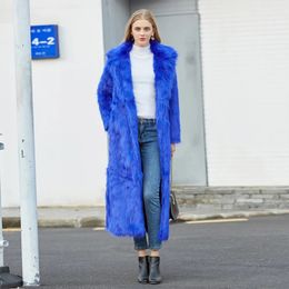 Hiver Women High Street Luxury Long Faux Fur Mabinet Lady Vintage Slim Red Rose Coats Femal Blue Veste