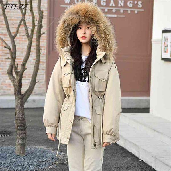 Hiver Femmes Veste Grand Collier de fourrure Naturelle Capuche Down Manteau Épais Chaud Safari Style 90% Blanc Duck Parka Outwear 210430