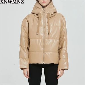 Hiver femmes kaki fourrure faux cuir veste manteau surdimensionné fermeture éclair femme épais pu à capuche pardessus de haute qualité 210520