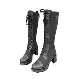 Winter Dames knie high laarzen zwarte dikke hakken veter martin booties driehoek motorfiets designer laars voor vrouw