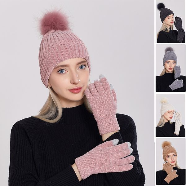 Hiver femmes bonnets tricotés gants ensemble dame pompon casquette écran tactile gants neige extérieur chaud chapeaux