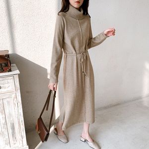 Winter Dames Lange Knit Maxi Jurk Verticale Streep Straight Turtleneck Trui Drawsting Midi Vestido da Festa 210520