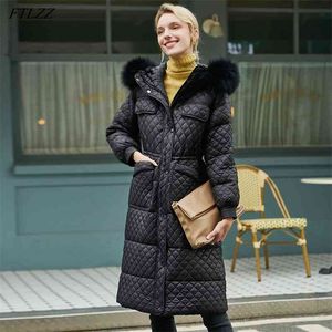 Winter Dames Lange Witte Duck Down Jas Warm Big Real Fox Fur Hooded Coat Solid Argyle Vrouwelijke Overjas 210430