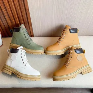 Hiver Women Luxury Yellow Ankle Designer Boots Premium Cowhide 2022 New Brandhed Shoes Plateforme Soles Lace-ups Wool Warm Ladies Bottes