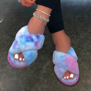 Zapatillas peludas de colores mezclados para mujer de invierno, pantuflas planas y esponjosas de piel suave, toboganes para casa, suelo antideslizante, cálidos zapatos de moda para interiores, tendencia para mujer