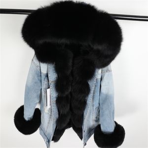 Hiver femmes fourrure naturelle grand col de fourrure manteau Denim lâche mode fourrure lapin amovible doublure Parka veste en cuir 201127