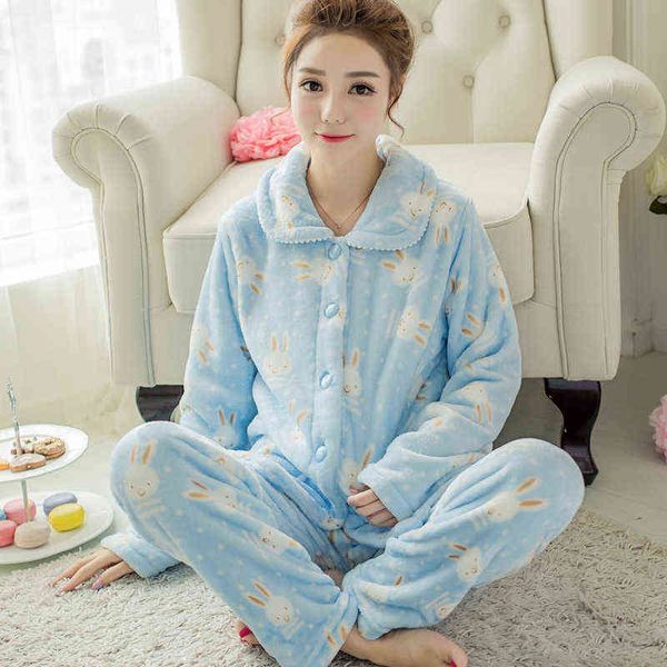 Hiver Femmes Pyjamas Flanelle Pyjamas Ensembles Coral Fleece Cardigan Pyjamas Costume Long Vêtements De Nuit Femme Costumes Chauds 2 Pièce Rose Bleu G220214