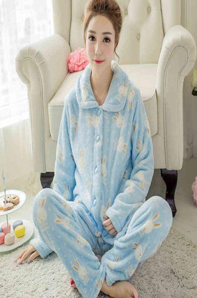 Hiver femmes pyjamas flanelle pyjamas ensembles corail polaire cardigan pyjama costume long vêtements de nuit femme costumes chauds 2 pièces rose bleu G226236834