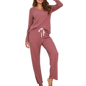 Conjunto de pijamas de invierno para mujer, jersey de manga larga con cuello en V Sexy a la moda, camiseta con pantalones largos, ropa de dormir sólida, ropa de dormir para el hogar Q0706