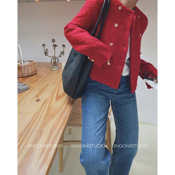 Hiver femmes rouge Trench manteaux laine Tweed vestes courtes Blazers imperméable Oem mode coréenne Y2k vêtements pardessus Parkas 231225