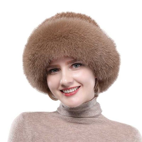 Hiver femmes haut rond couleur unique chaud vison fourrure chapeau renard bord sans bride tricoté 230920