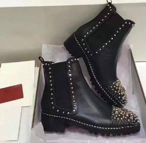 Winter dames enkelschoenen hoge hakken rode zolen leer puntige tenen merkontwerpers luxe laarzen modieuze rubber dikke dikke cheapshoes metalen klinknagels