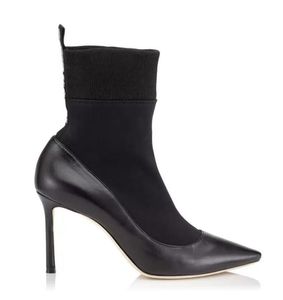 Bottes d'hiver en cuir de veau pour femmes, semelle pointue en laque rouge, tissu extensible à la cheville, mode fête, bottes confortables et Sexy à talons hauts