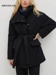 Doudoune en coton pour femme, manteau chaud et respirant, col montant, ample, manches longues, boutons irréguliers, ceinture, taille S-L, hiver