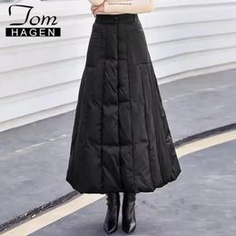 Jupe en duvet de coton pour femmes, longue, épaisse et chaude, rembourrée, noire, taille haute, décontractée, hiver, 240109