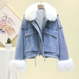 Winter dames spijkerjasje met bontjas dames jas jas 2019 winter denim vrouwen parka vrouwelijke wollen voering warme parka's