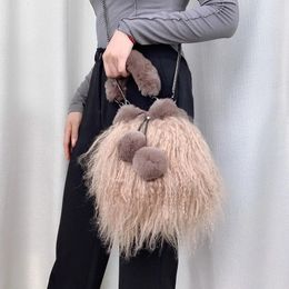 Sac à main en fourrure d'hiver pour femmes, sac seau de plage en laine d'épissure de cheveux de lapin, grande capacité, Design de couleur unie, sac en peluche 240104