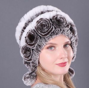 Chapeau d'hiver en fourrure de lapin rex pour femmes, tricoté à fleurs, avec boules, bonnets de crâne, 55-59cm, GC656