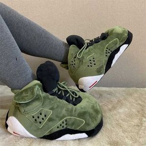 Hiver femmes maison pantoufles vert à lacets chaud coton femme plat baskets pantoufle pour Couple femme bascule maison chaussures 211211