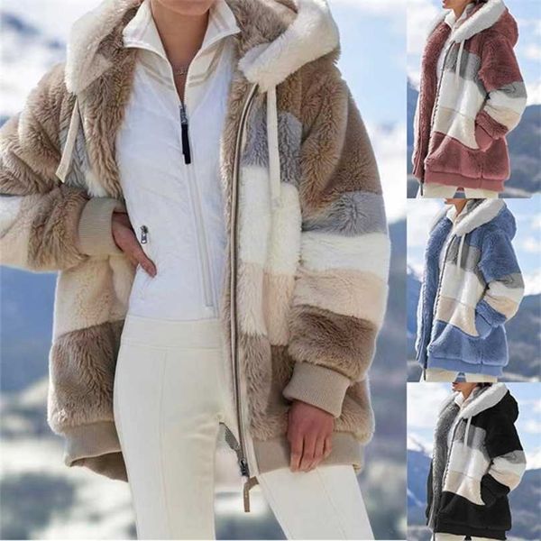 Chaqueta de invierno para mujer de felpa Patchwork con cremallera Bolsillo con capucha Piel Mujer Abrigo Talla grande Grueso Cálido Mujer Top Outerwear 211014