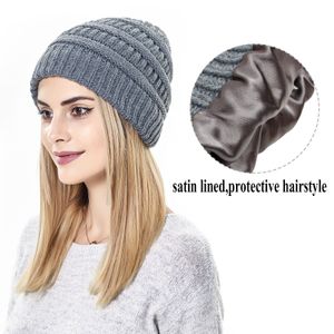 Gorro de punto de invierno para mujer con forro de satén gorro para el pelo para mujer gorro protector para el cabello cálido gorro de lana de punto 9 colores al por mayor