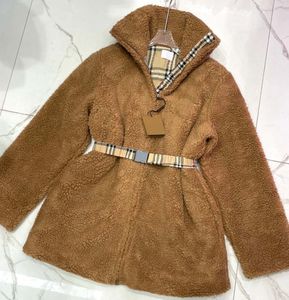 Manteau d'hiver épais en agneau pour femme, avec ceinture, garde au chaud, à manches longues, couleur unie, col haut, veste ample décontractée