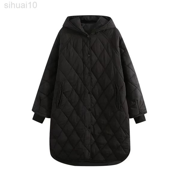 Manteau d'hiver pour femmes Parkas à capuche Vestes Chaud Long Veste À Capuche Plaid Mode Long Manteau Solide Bouton Surdimensionné Femme Outwear L220730