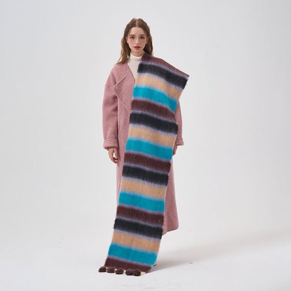 Mantón de invierno para mujer, diseñador de moda, superposición de rayas coloridas de dopamina con bufanda cálida, regalo de vacaciones para pareja