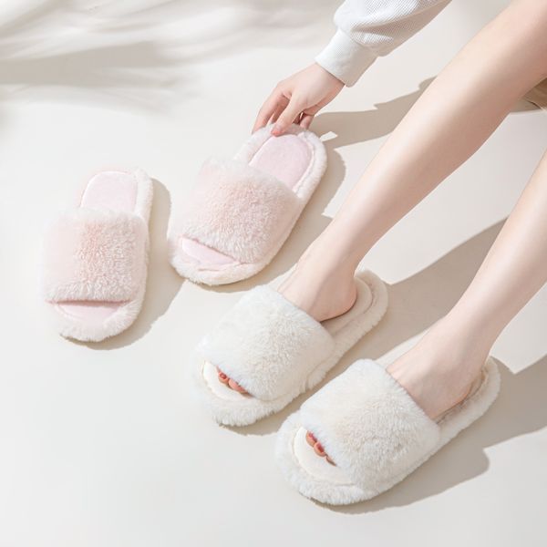 Pantoufles d'hiver en fourrure blanche, rose et noire pour femmes, chaudes, solides, antidérapantes, sandales d'intérieur confortables pour dames, diapositives douces pour filles