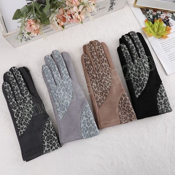Hiver femmes écran tactile garder au chaud gants en daim plus velours épaissir imprimé léopard épissage conception cinq doigts gants personnalité de la mode
