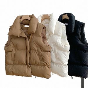 Hiver femmes chaud court gilet manteau automne poches décontracté Fi manches veste solide gilet pour femme 942R #