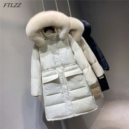 Winter Women White Duck Down Jacket Large Real Fox Fur Collar Hooded Jas Lange Dikke Warme Sneeuw Overjas 210430