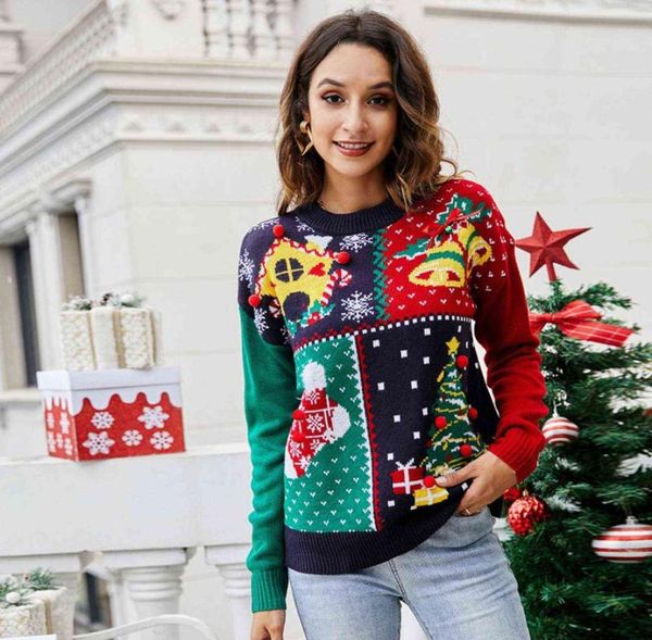 Suéter feo de Navidad para mujer de invierno, vestido tejido con pequeño copo de nieve y suéter de árbol de Navidad con campanas en el pecho Y11183846542